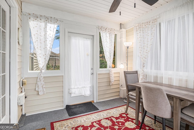 807 Ideal Pl, Winder, GA 30680 - doorway with carpet flooring, plenty of natural light, a ceiling fan, and wood ceiling