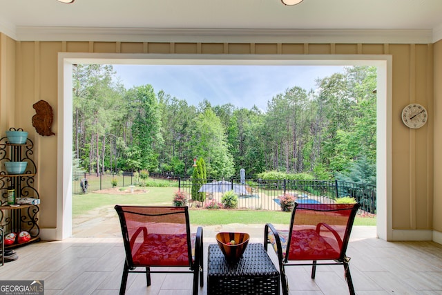 view of patio / terrace with a view of trees