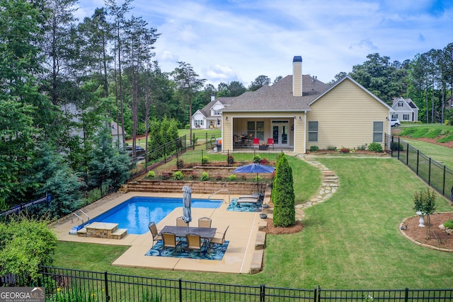 view of pool featuring a patio area, outdoor dining space, french doors, and view of scattered trees