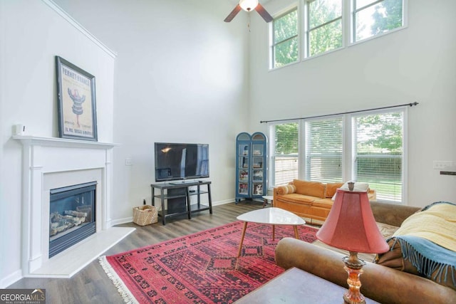 5730 Weddington Dr, Cumming, GA 30040 - living area with a towering ceiling, wood finished floors, a glass covered fireplace, and a ceiling fan