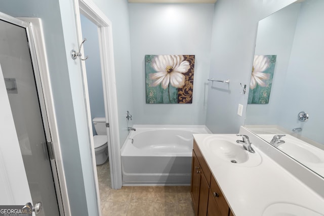 full bath with toilet, double vanity, a garden tub, a stall shower, and tile patterned flooring