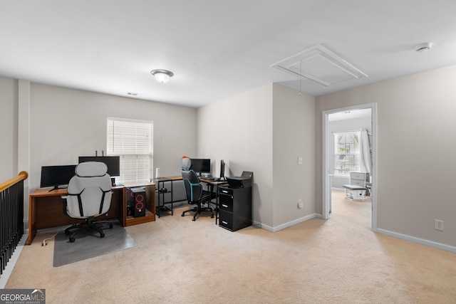 carpeted office space with attic access and baseboards