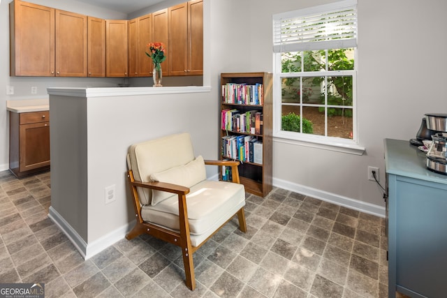 living area featuring baseboards and stone finish flooring