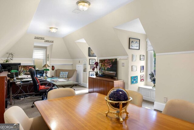 3182 Deepwater Dr, Gainesville, GA 30506 - home office with vaulted ceiling, healthy amount of natural light, and carpet flooring