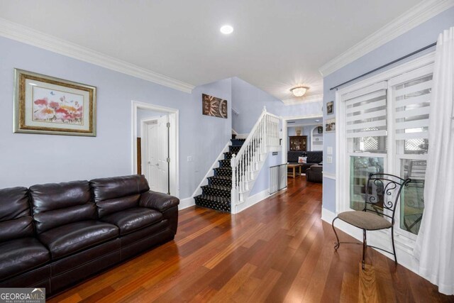 3182 Deepwater Dr, Gainesville, GA 30506 - living area featuring stairs, wood finished floors, crown molding, baseboards, and recessed lighting