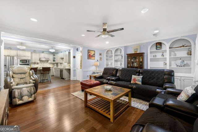 3182 Deepwater Dr, Gainesville, GA 30506 - living room with ceiling fan, wood finished floors, recessed lighting, and built in shelves