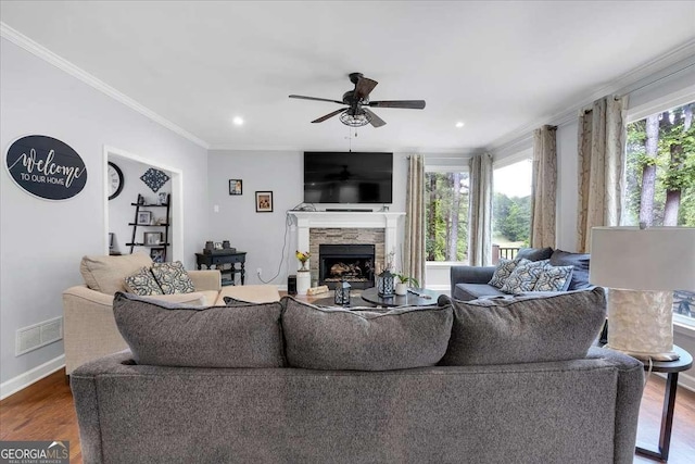 living room with ceiling fan, plenty of natural light, wood finished floors, ornamental molding, and a fireplace