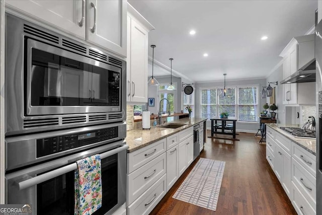 kitchen featuring appliances with stainless steel finishes, a sink, white cabinetry, ornamental molding, and dark wood-style flooring