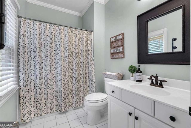 bathroom featuring crown molding, toilet, tile patterned floors, vanity, and curtained shower