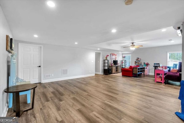 game room featuring wood finished floors, baseboards, a ceiling fan, and recessed lighting