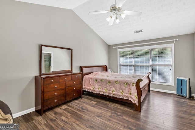 1500 Highland Farm Dr, Suwanee, GA 30024 - bedroom with dark wood finished floors, vaulted ceiling, baseboards, a textured ceiling, and a ceiling fan