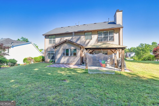1500 Highland Farm Dr, Suwanee, GA 30024 - rear view of house featuring a gazebo, a patio, a chimney, and a lawn