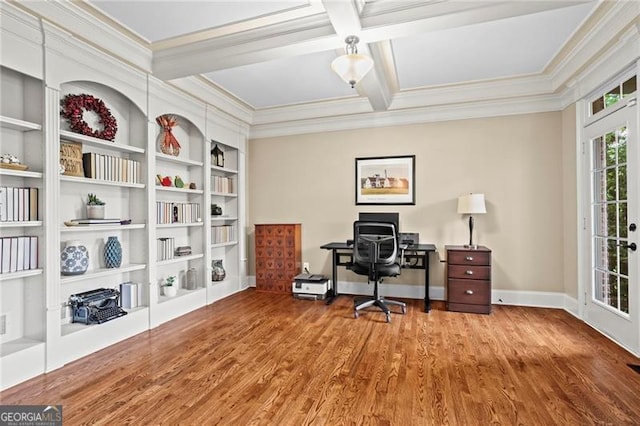 7493 Elderberry Dr, Douglasville, GA 30135 - home office featuring ornamental molding, wood finished floors, coffered ceiling, beamed ceiling, and baseboards