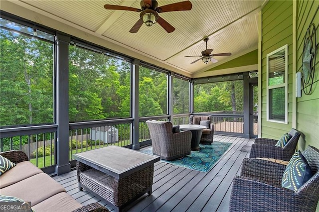 7493 Elderberry Dr, Douglasville, GA 30135 - sunroom / solarium with ceiling fan, vaulted ceiling, and outdoor lounge area