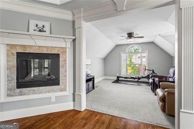 7493 Elderberry Dr, Douglasville, GA 30135 - bedroom with wood finished floors, baseboards, vaulted ceiling, a ceiling fan, and crown molding