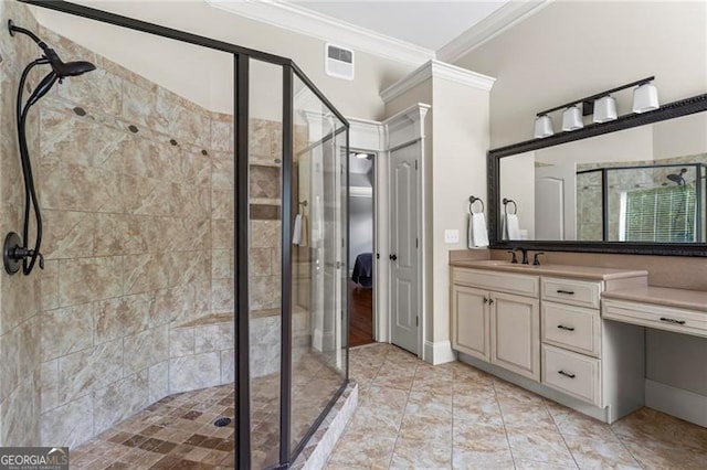 7493 Elderberry Dr, Douglasville, GA 30135 - bathroom featuring crown molding, a shower stall, and vanity
