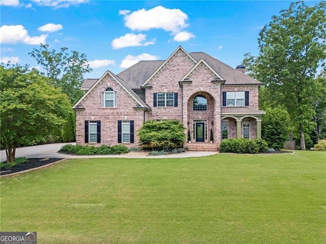 7493 Elderberry Dr, Douglasville, GA 30135 - view of front facade with brick siding, a front yard, and a chimney