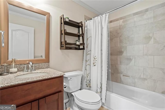 7493 Elderberry Dr, Douglasville, GA 30135 - full bath with toilet, crown molding, vanity, and shower / bathtub combination with curtain