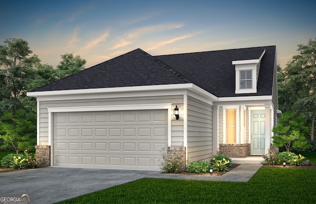 view of front facade with a shingled roof, driveway, brick siding, and an attached garage