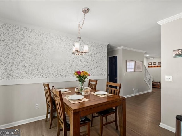 2458 Zachary Woods Dr, Marietta, GA 30064 - dining room with ornamental molding, a chandelier, stairs, wood finished floors, and baseboards