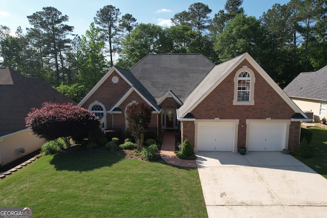 traditional home with brick siding, a garage, a front yard, and concrete driveway