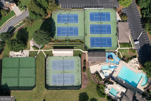 aerial view of a pool area