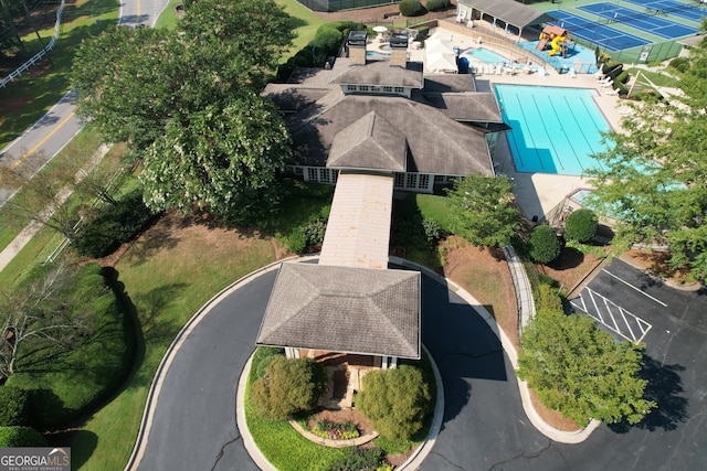 aerial view of a pool area
