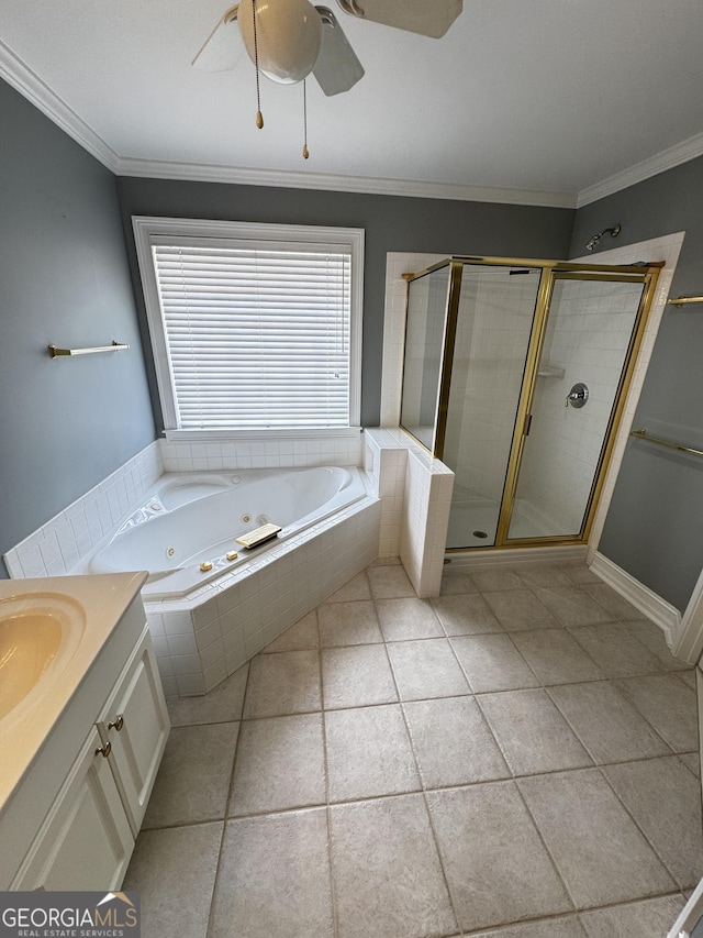 full bath featuring a tub with jets, a stall shower, ceiling fan, tile patterned floors, and ornamental molding