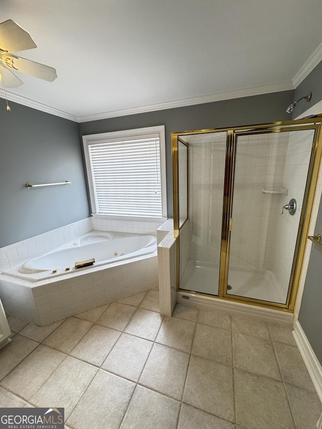 bathroom with crown molding, a whirlpool tub, a shower stall, tile patterned floors, and a ceiling fan