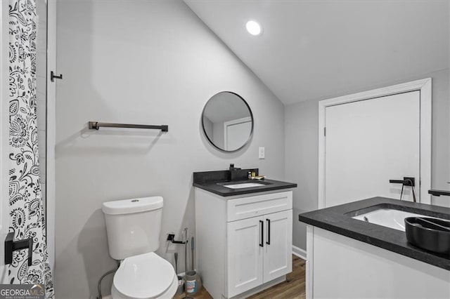 1174 Princess Ave SW, Atlanta, GA 30310 - bathroom with two vanities, wood finished floors, toilet, vaulted ceiling, and recessed lighting