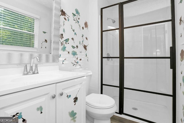 bathroom with toilet, vanity, and a shower