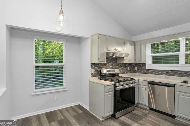 kitchen featuring stainless steel appliances, under cabinet range hood, lofted ceiling, decorative backsplash, and light countertops