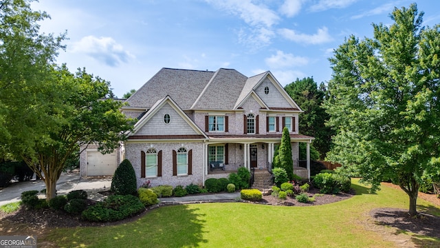 100 Braxton Way, Roswell, GA 30075 - craftsman inspired home featuring covered porch, a front yard, an attached garage, concrete driveway, and brick siding