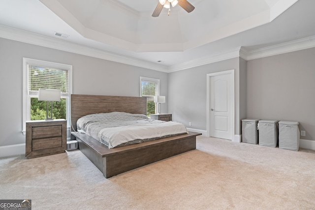 100 Braxton Way, Roswell, GA 30075 - carpeted bedroom featuring a tray ceiling, ornamental molding, baseboards, and a ceiling fan