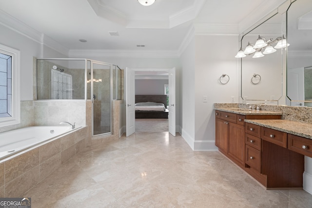 100 Braxton Way, Roswell, GA 30075 - ensuite bathroom with vanity, a garden tub, a shower stall, ornamental molding, and a raised ceiling