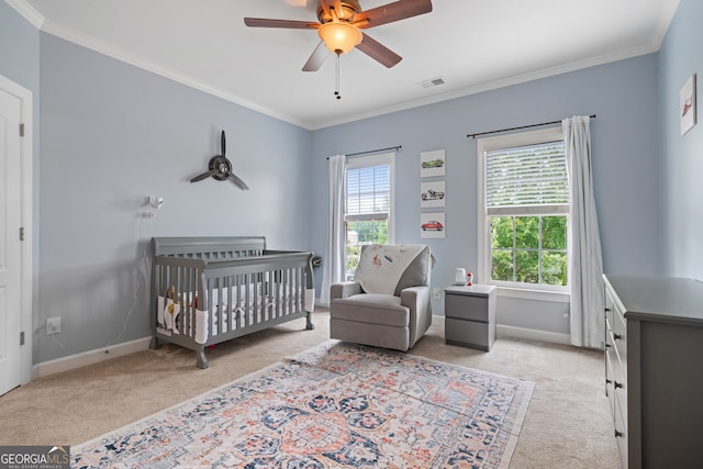 100 Braxton Way, Roswell, GA 30075 - bedroom featuring carpet floors, baseboards, crown molding, a nursery area, and a ceiling fan