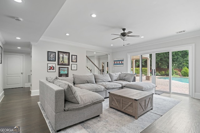 100 Braxton Way, Roswell, GA 30075 - living area with recessed lighting, a ceiling fan, stairs, wood finished floors, and baseboards