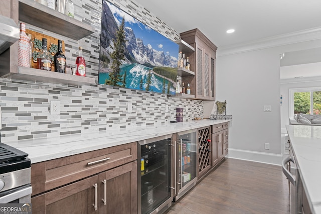 100 Braxton Way, Roswell, GA 30075 - indoor dry bar with beverage cooler, ornamental molding, tasteful backsplash, dark wood-style floors, and baseboards
