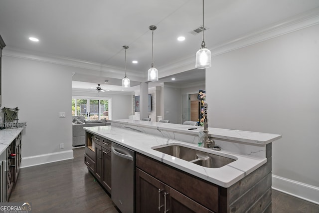 100 Braxton Way, Roswell, GA 30075 - kitchen featuring stainless steel dishwasher, open floor plan, baseboards, ornamental molding, and a sink