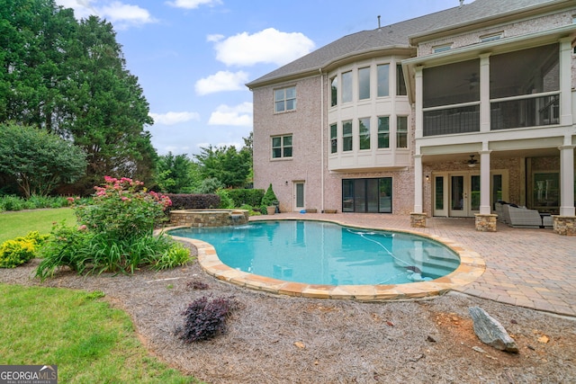 100 Braxton Way, Roswell, GA 30075 - view of swimming pool with ceiling fan, french doors, a patio area, and a pool with connected hot tub