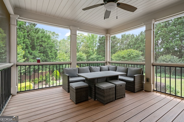 100 Braxton Way, Roswell, GA 30075 - deck featuring outdoor lounge area, a ceiling fan, and view of scattered trees