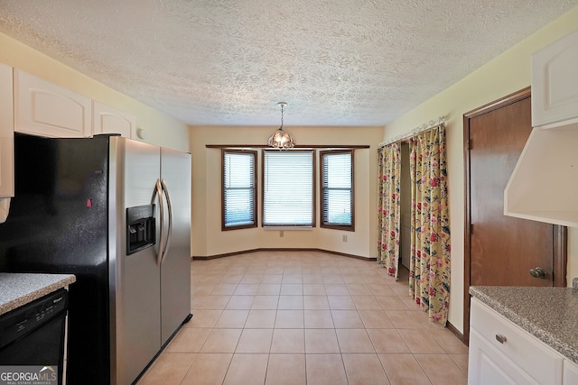 kitchen featuring stainless steel fridge with ice dispenser, dishwasher, baseboards, white cabinetry, and a textured ceiling