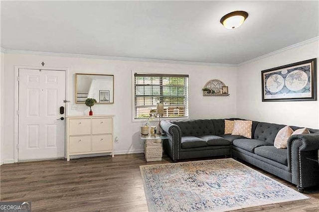 6900 Roswell Rd Unit 3N, Atlanta, GA 30328 - living area featuring dark wood-style flooring, ornamental molding, and baseboards