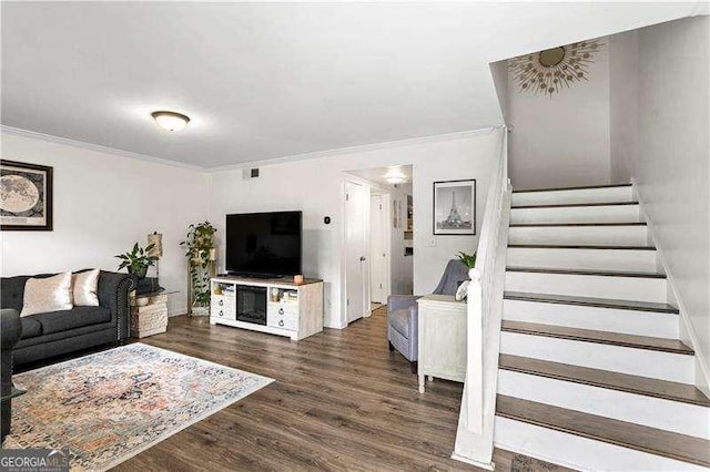 6900 Roswell Rd Unit 3N, Atlanta, GA 30328 - living area with ornamental molding, stairway, and dark wood finished floors