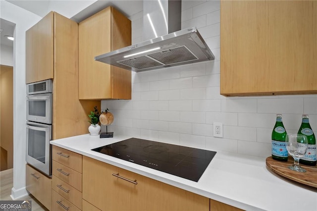 196 Mcelroy Mountain Dr, Jasper, GA 30143 - kitchen featuring range hood, black electric stovetop, double oven, light countertops, and decorative backsplash