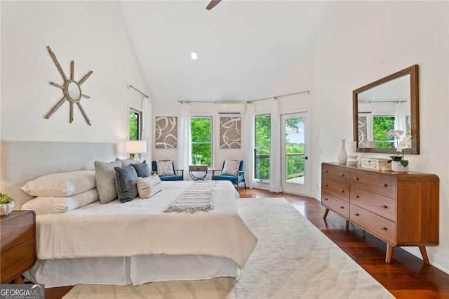 196 Mcelroy Mountain Dr, Jasper, GA 30143 - bedroom featuring access to exterior, wood finished floors, high vaulted ceiling, and a wall unit AC