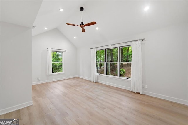 196 Mcelroy Mountain Dr, Jasper, GA 30143 - empty room with recessed lighting, ceiling fan, wood finished floors, baseboards, and high vaulted ceiling