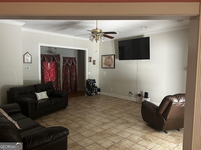 living area featuring crown molding, a ceiling fan, baseboards, and light stone finish floors