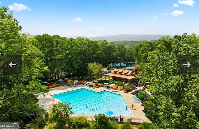 community pool with a patio and a wooded view