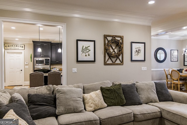 living area with ornamental molding, recessed lighting, and wood finished floors